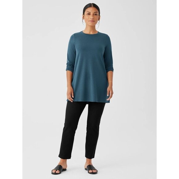 Eileen Fisher Womens Top Size XS Green Tunic Side Slits Crew Neck Stretch - Picture 8 of 8